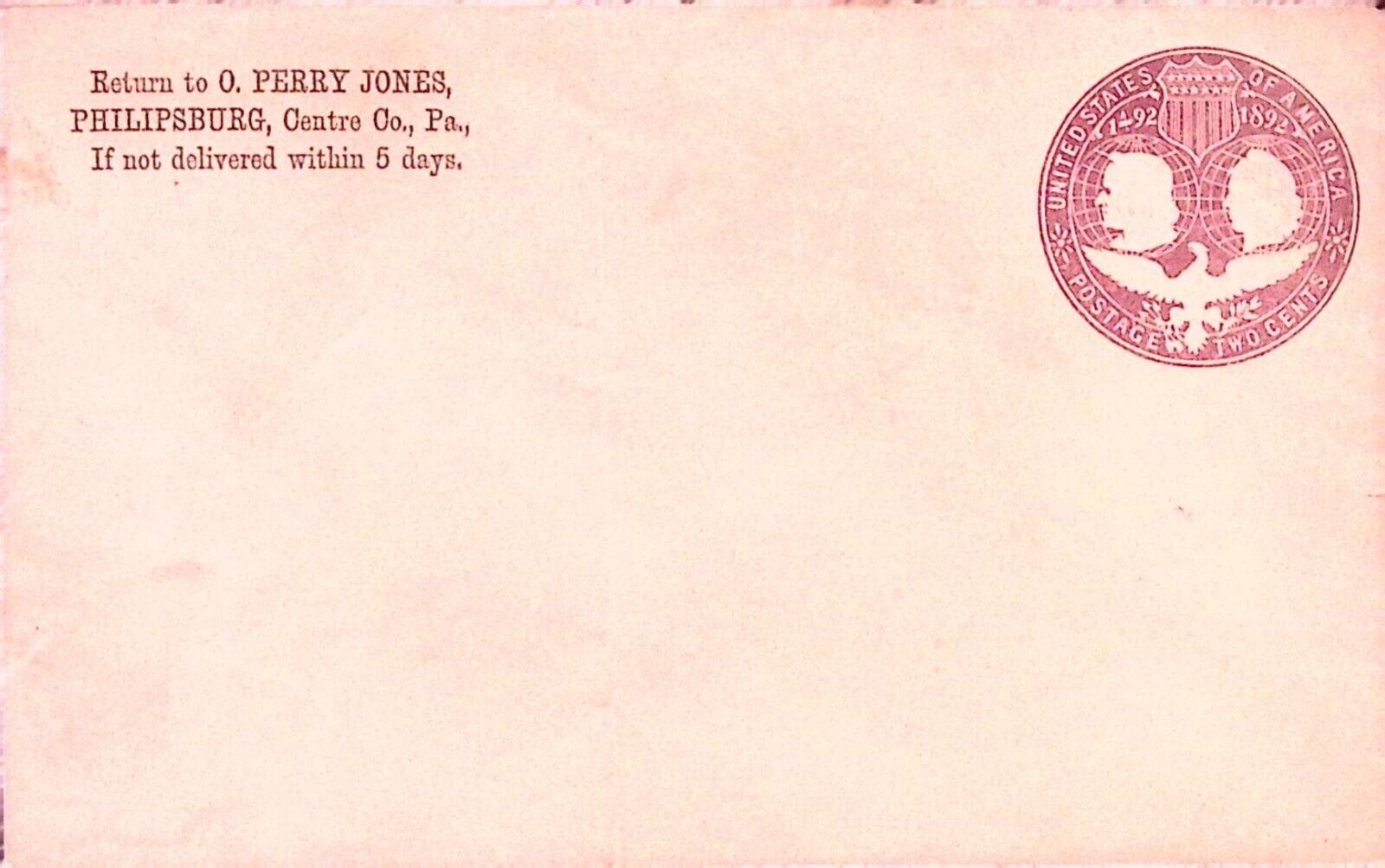 O. Perry Jones Philipsburg Centre Co. PA Envelope Vintage