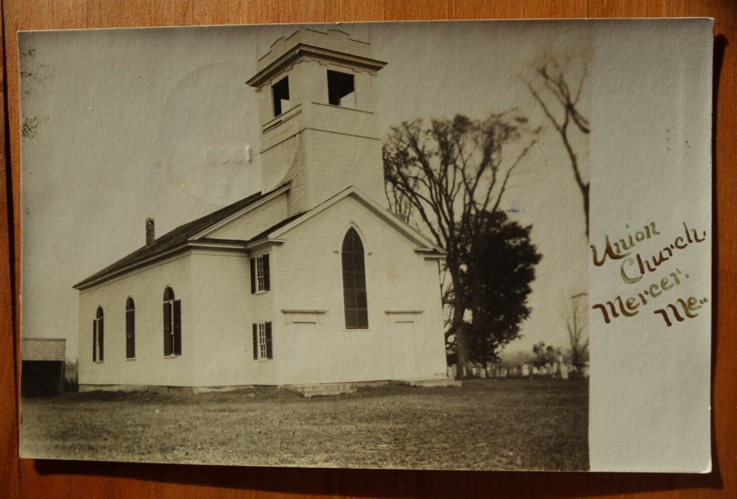 Union Church, cemetery, Mercer MAINE ME rppc postcard pmk 1909