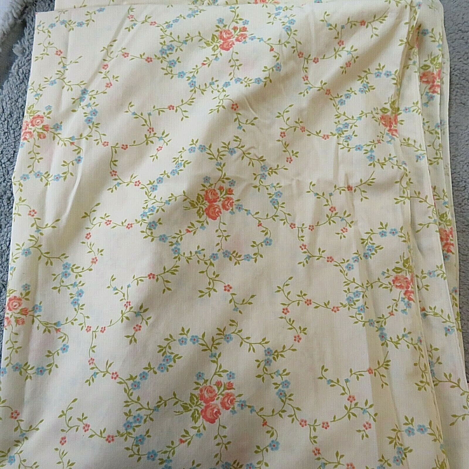 Vintage Twin Flat Bed Sheet Orange Roses Blue Flowers Green Off White Yellowish