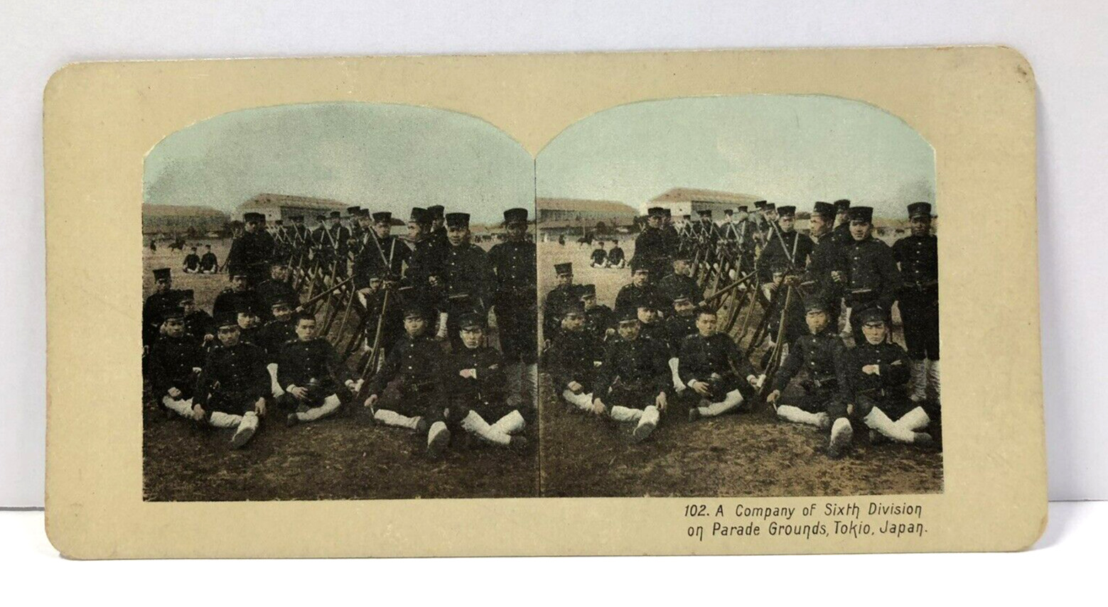 1905 Russo Japanese War Colorized Stereoview- Japanese Soldiers on Parade Ground