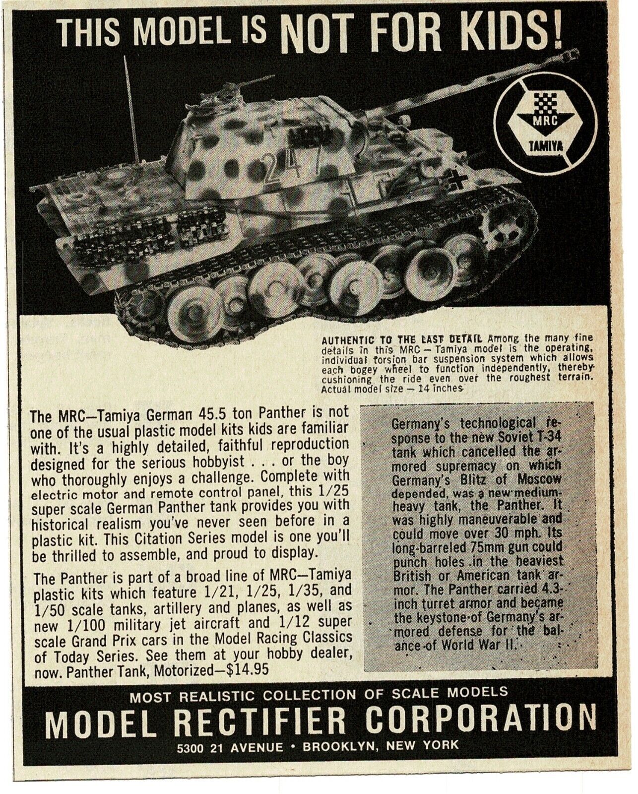 1968 MRC Tamiya German 45.5 ton Panther Tank model kit Vintage Print Ad