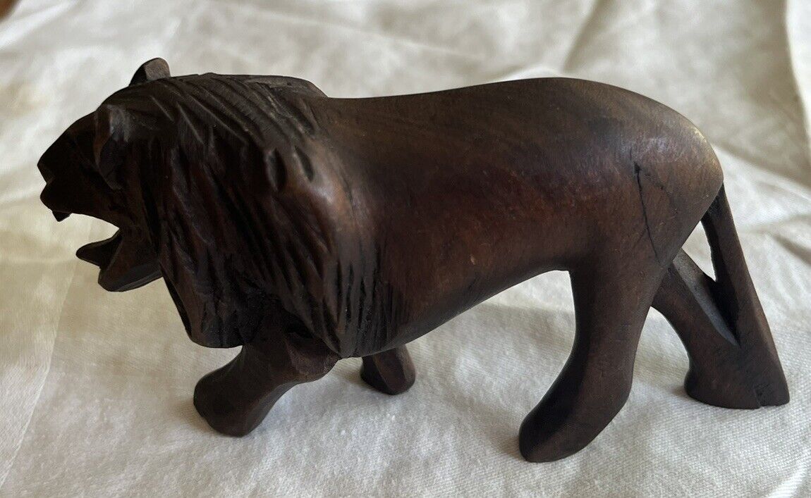 Vintage Hand Carved African Wood Tribal Art Lion Pride Sculpture Figurine