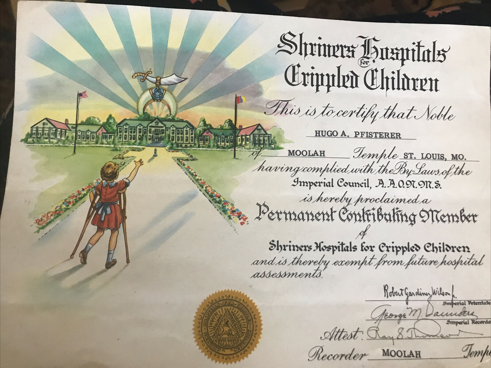 Vintage Shriners Hospital For Crippled Children Certificate St Louis Mo