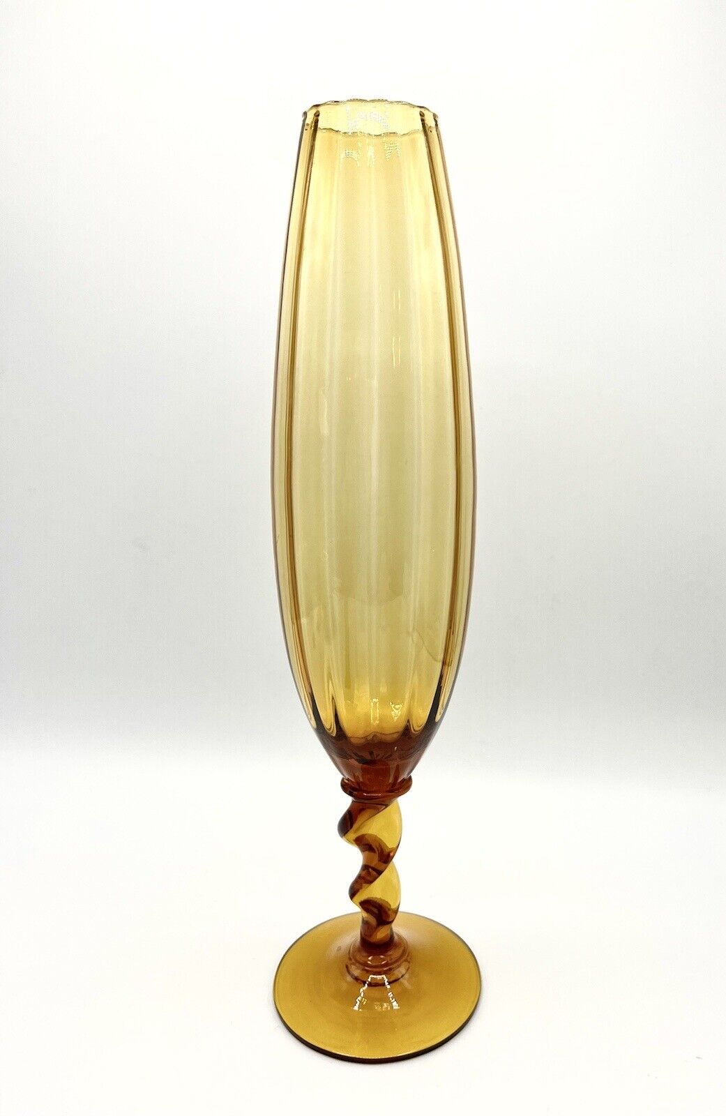 Vintage MCM Amber Empoli Italian Art Glass Optic Lines Pedestal Glass Vase 13 In