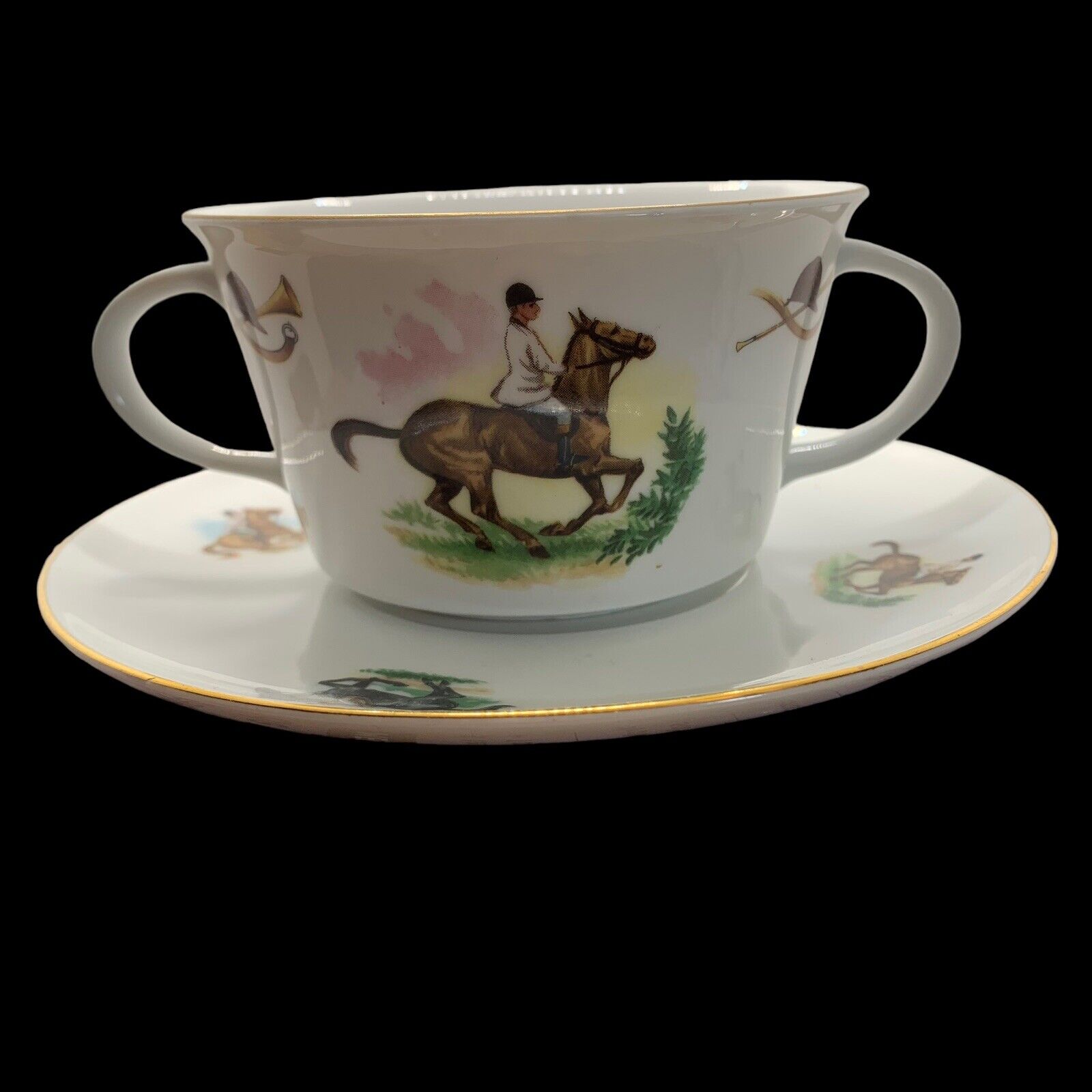 Vintage WINTERLING ROSLAU Bavaria Tea Cup And Saucer Hunt Horse Hat Horn Rare