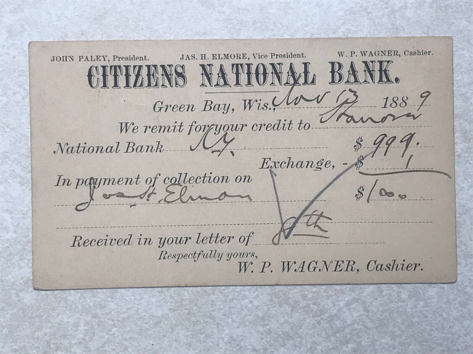 A2321 Postcard postal card  Citizens National Bank Green Bay WI Wisconsin 1889
