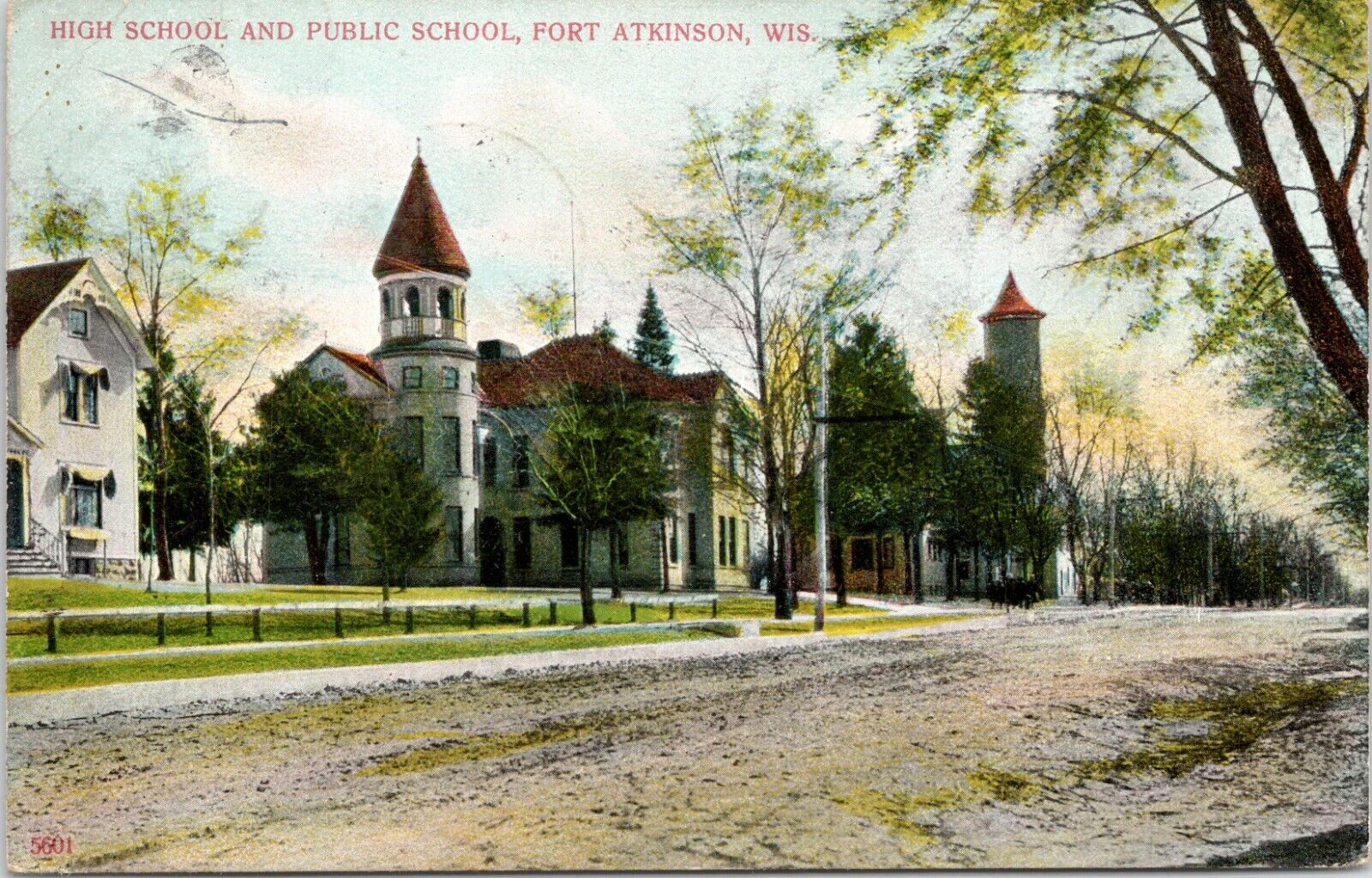 C.1908 Fort Atkinson WI High School Dirt Road Street View Wisconsin Postcard