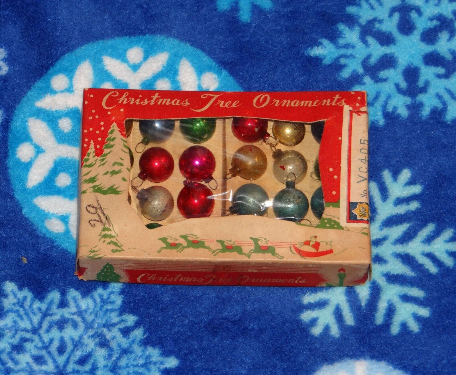 Box of 24 Used Mini-Glass Ball Colorful Christmas Ornaments 1950s Maple Brand