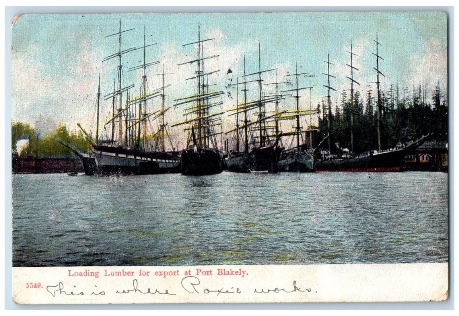 1908 Loading Lumber Export Port Blakely Seattle Washington WA Vintage Postcard