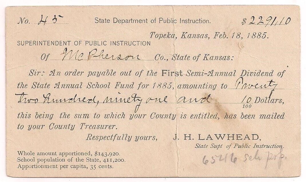 TOPEKA KS Postal Card STATE DEPT. OF PUBLIC INSTRUCTION 1885 to McPherson KANSAS