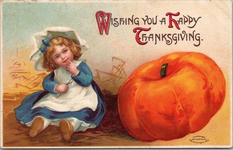 Vintage 1910 THANKSGIVING Postcard Girl / Big Pumpkin / Un-Signed Clapsaddle