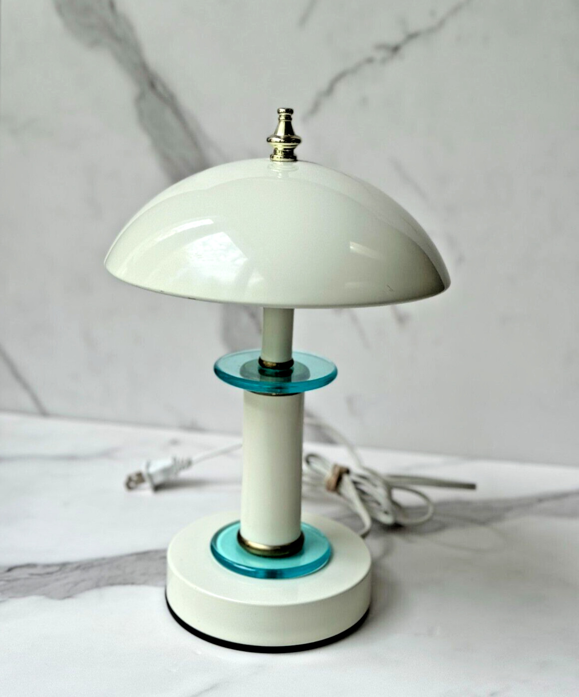 Vintage MEMPHIS DESIGN White Metal TOUCH Table LAMP, Dome Shade Atomic Style