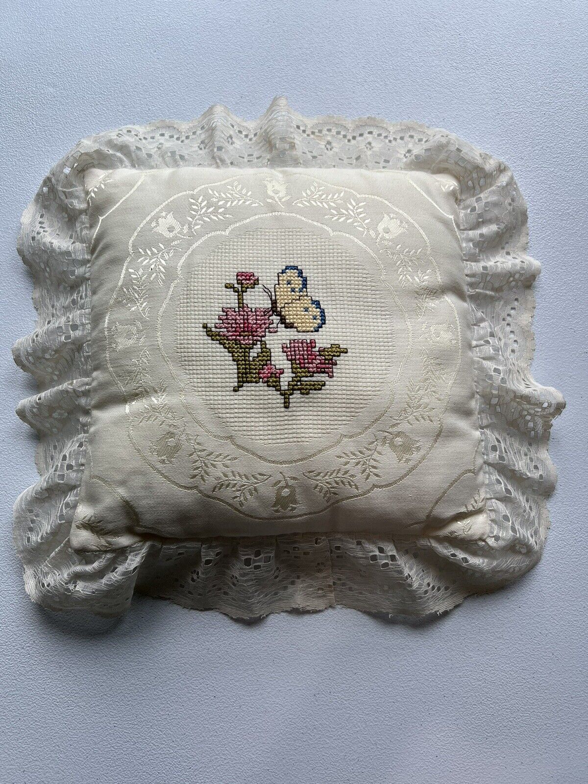 Vintage Small Pillow Hand Embroidered Butterfly Floral Lace Cottage