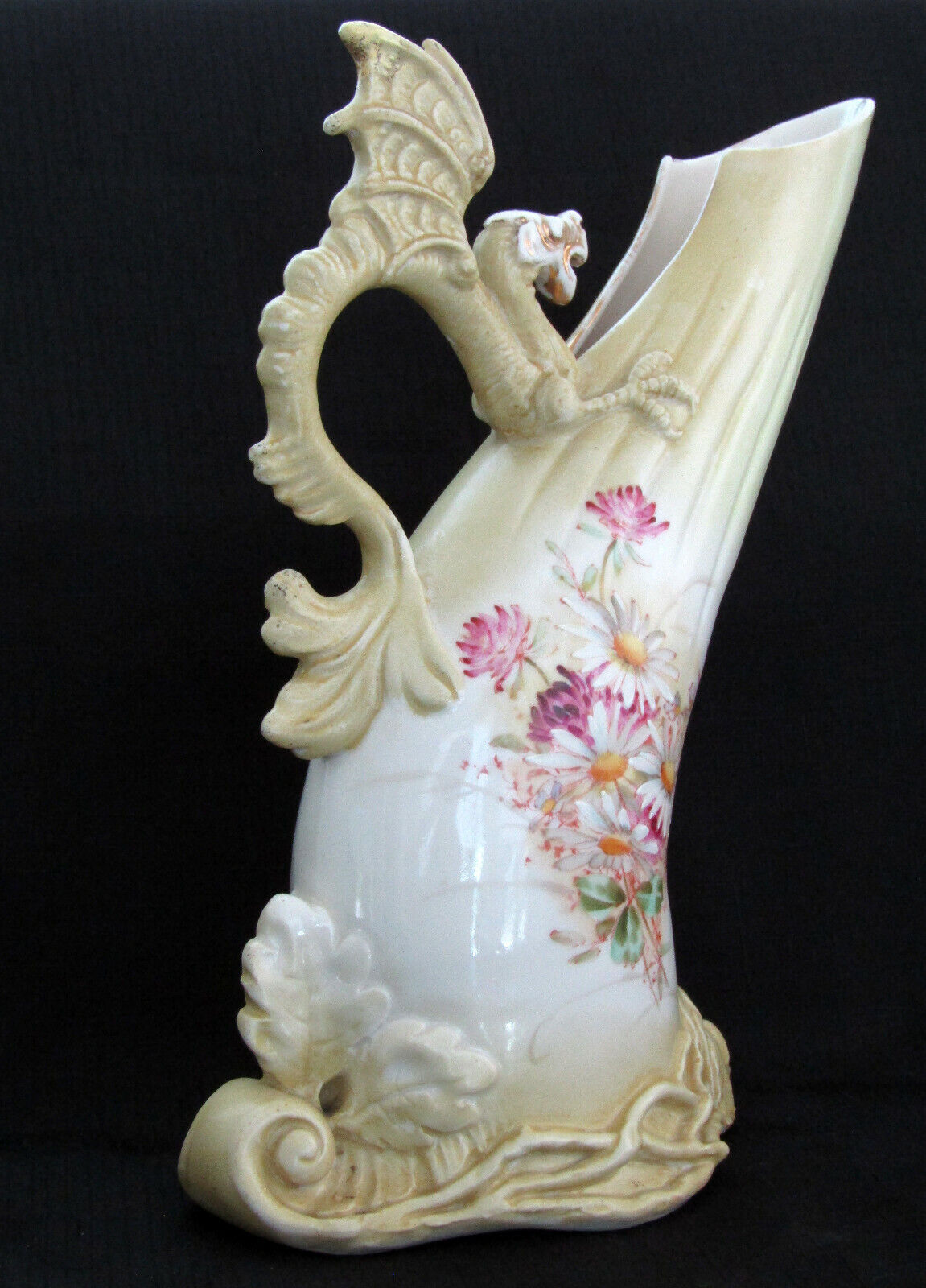 Antique Hand Painted Floral 12” Porcelain Vase with Dragon Handle