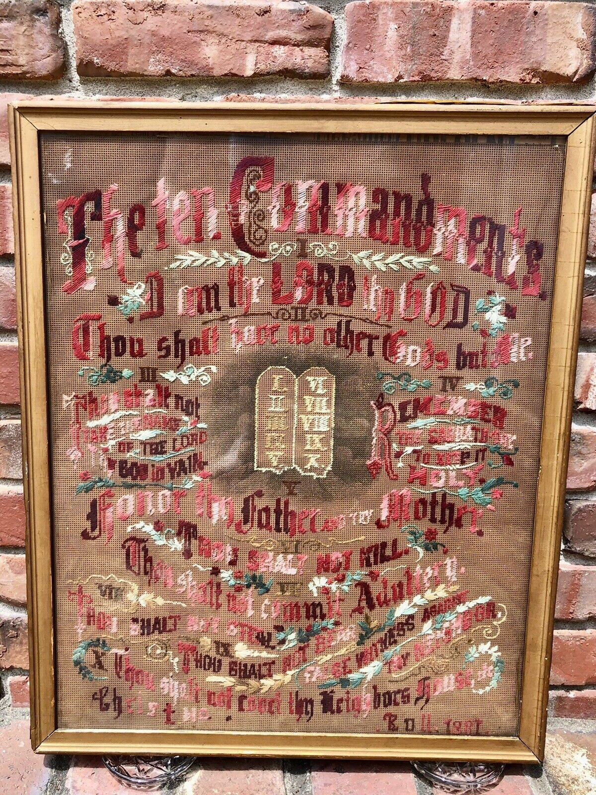 Antique THE TEN COMMANDMENTS Year 1881 Paper Punch Sampler Perforated Biblical