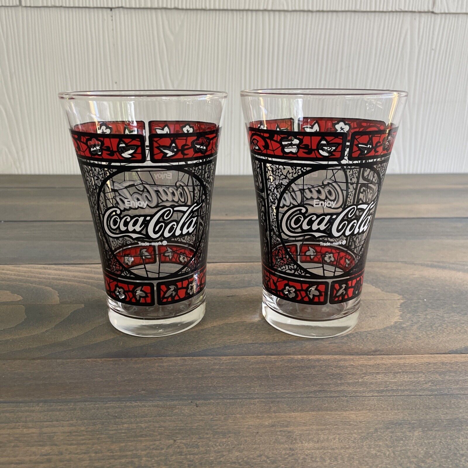 Lot of 2 Vintage Libbey Stained Glass Coca-Cola Flared Tiffany Glasses (SH)