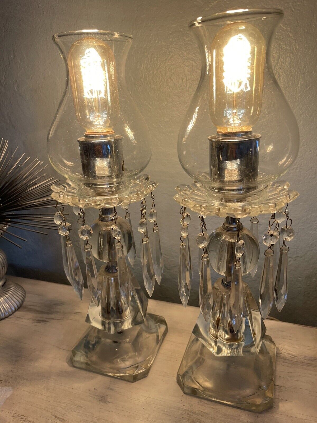 Pair Vintage 1940\'s  Etched Clear Glass Electric Hurricane Table Lamps & Bulbs