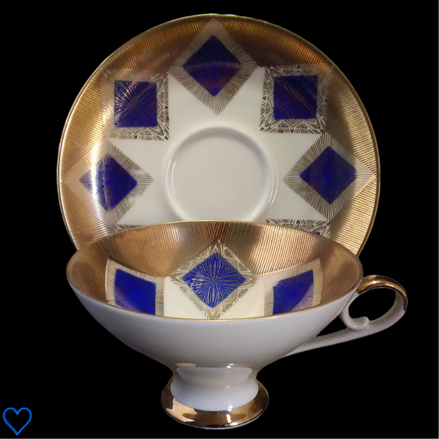 Vintage Bareuther Waldsassen Tea Cup Saucer Blue Gold Bavaria Art Deco Style