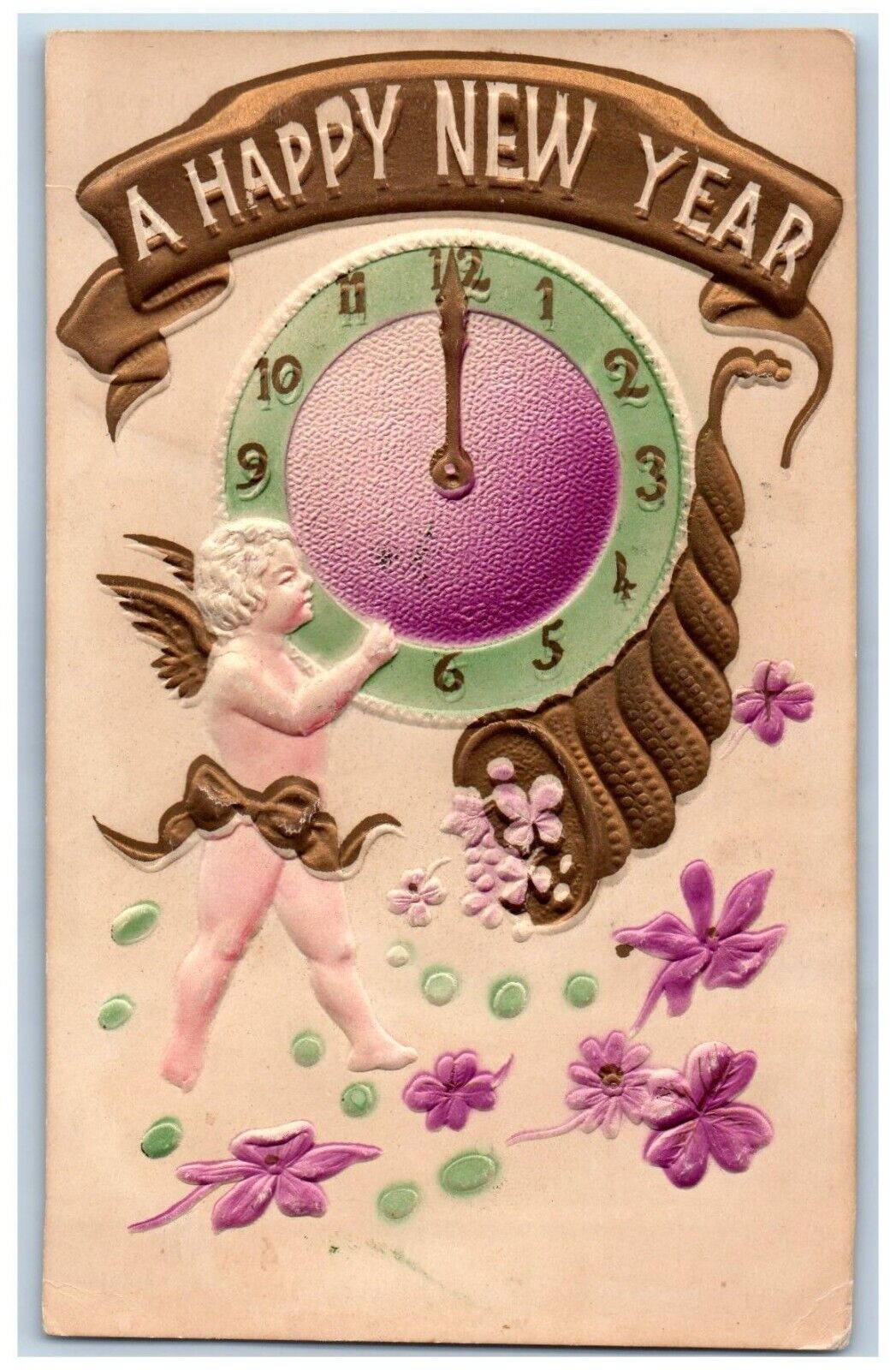 Malone New York NY Postcard New Year Angel Cornucopia Flowers Clock Airbrushed