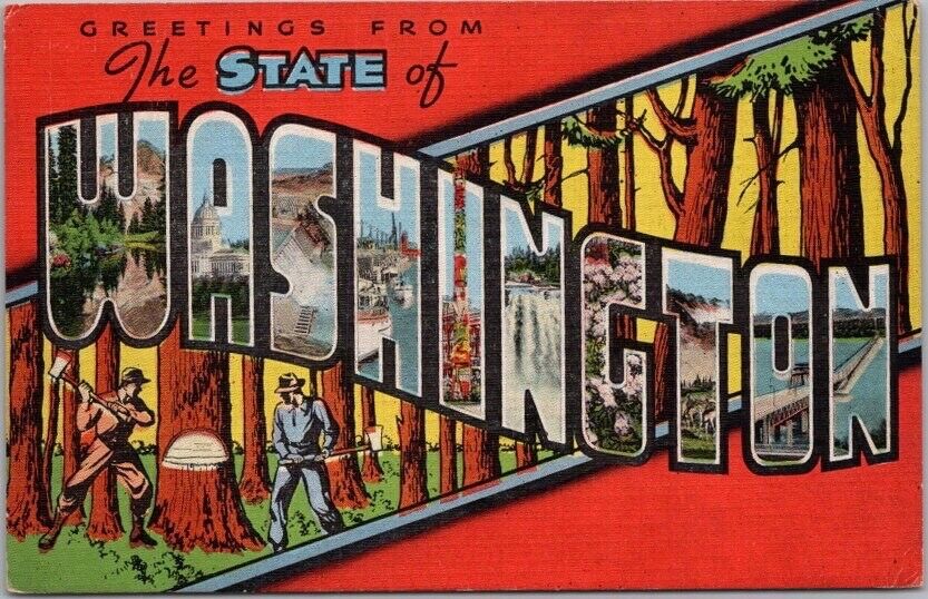 Vintage WASHINGTON Large Letter Postcard Logging / Kropp Linen - 1944 Cancel