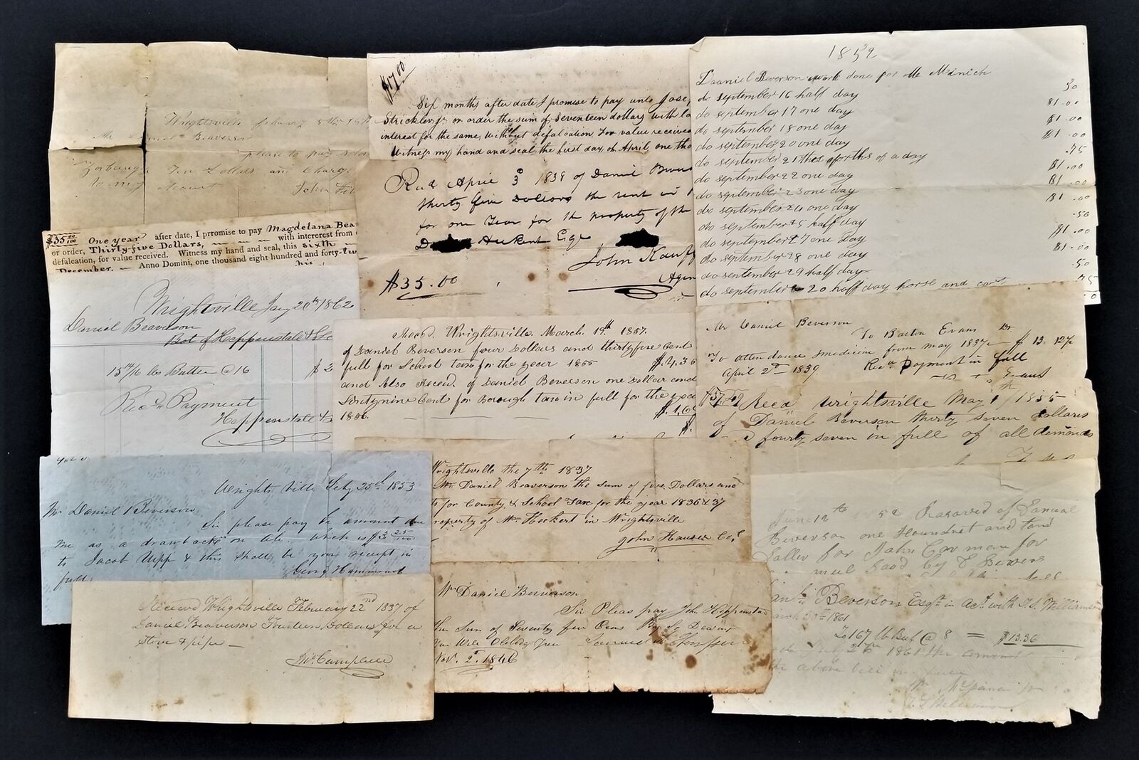 1830-50 antique EPHEMERA LOT wrightsville pa DANIEL BEVERSON receipts 14pc