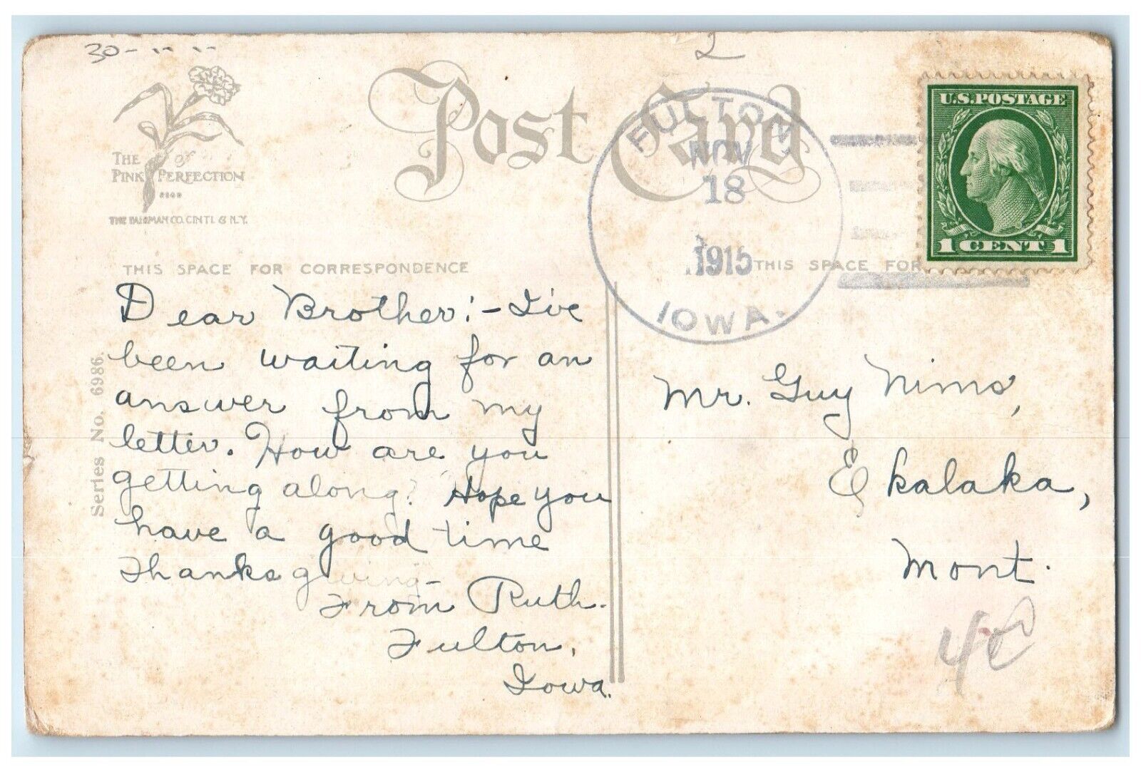 DPO 1851 1942 Fulton Iowa IA Postcard Greetings For Thanksgiving Turkey 1915