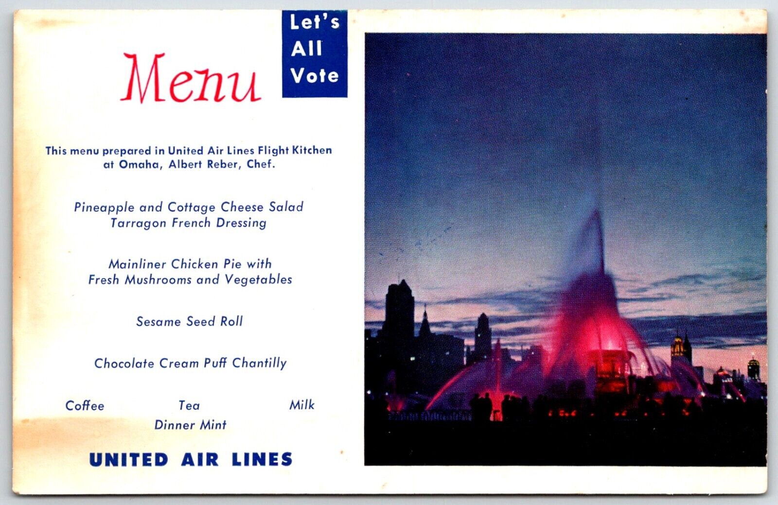 united states air lines flight kitchen Omaha Albert Reber Menu Postcard