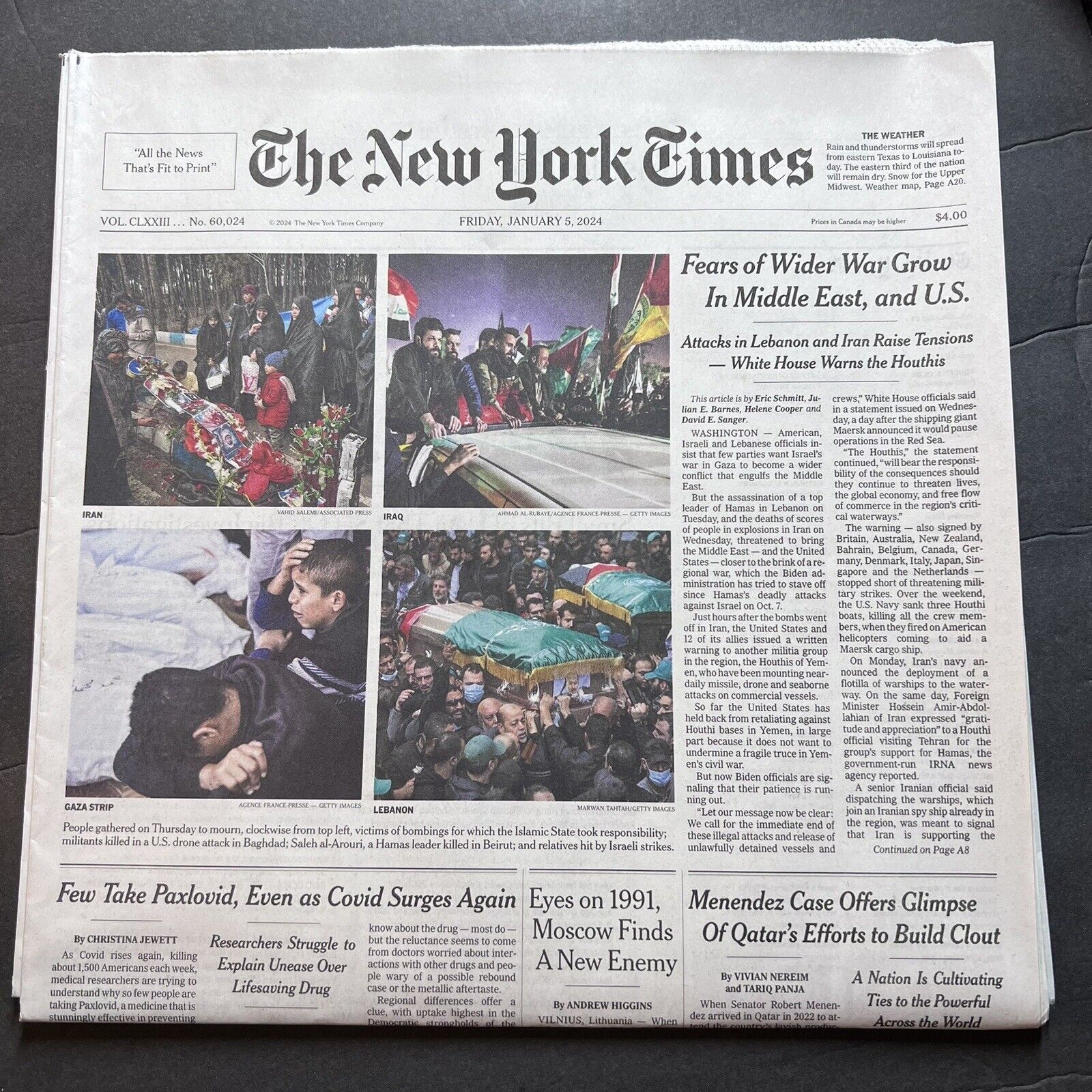 The New York Times Newspaper January 5 2024 Fears Of Wider War Grow Middle E/US