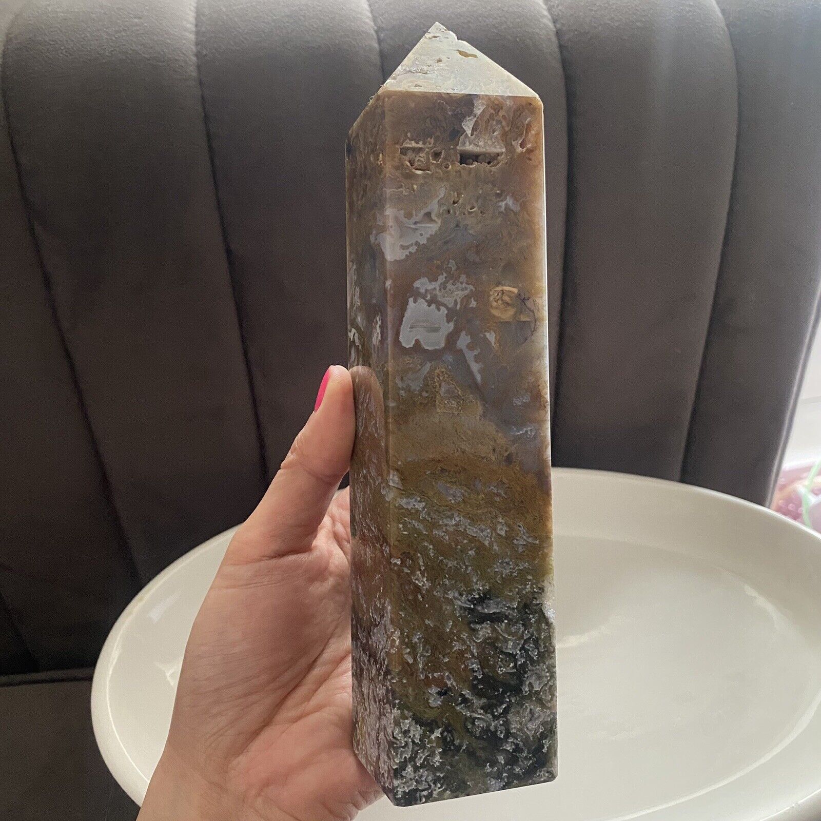 Moss Agate Tower 20cm 702g Natural Crystal Stone Huge Big Yellow Rare Colourful