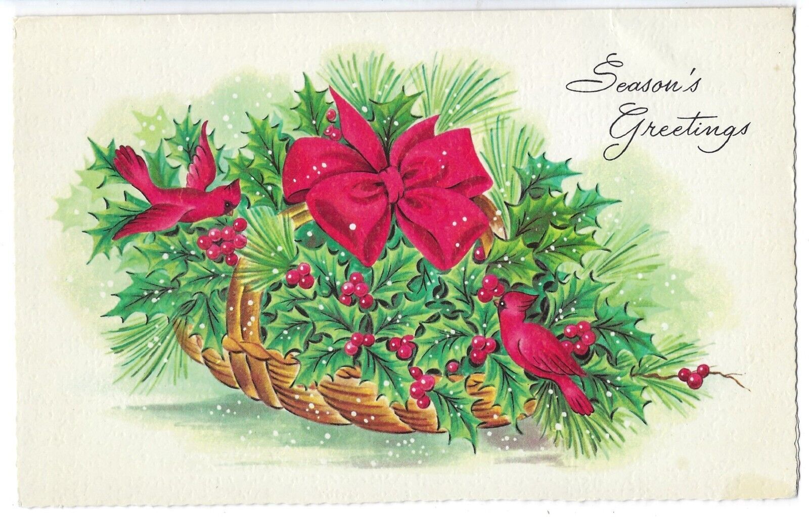 Vintage Cardinal Creation Christmas Card SEASONS GREETINGS Holly
