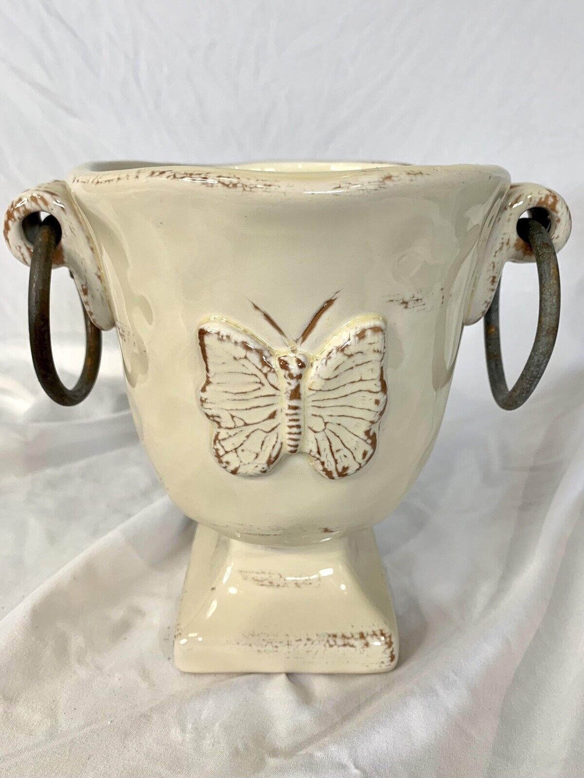 Shabby Ceramic Vase Urn Butterfly Planter ~ Iron Ring Handles 7.25”h