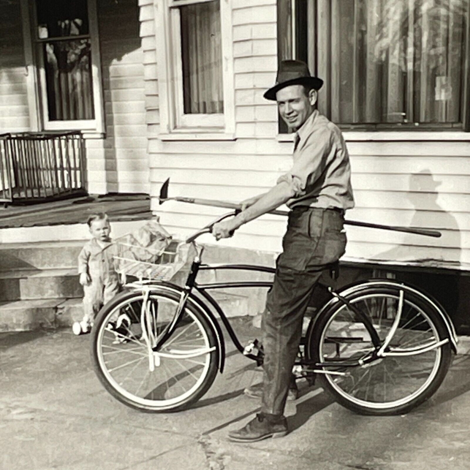 XC Photograph Man On Bike Boston Terrier Bicycle 1948