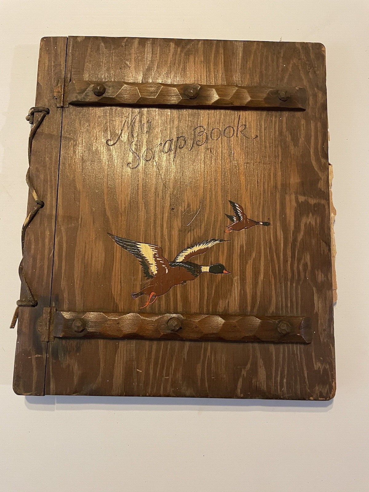 Vintage Wooden Scrapbook with Flying Geese - contains some loose pics & postcard