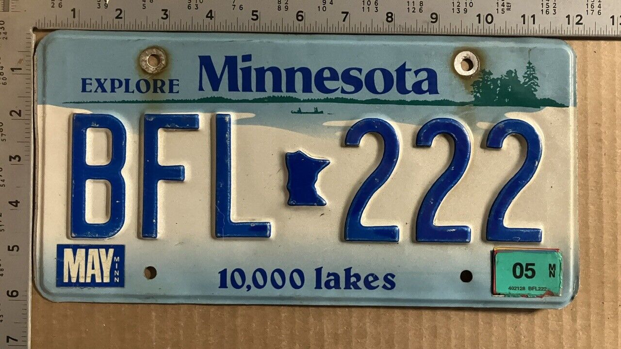 2005 Minnesota license plate BFL-222 triple 2 and sticker stack 14004