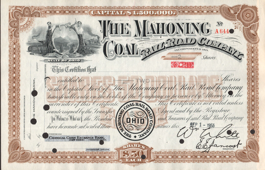 The Mahoning Coal Railroad Co. - Original Stock  Certificate - 1955 - A644