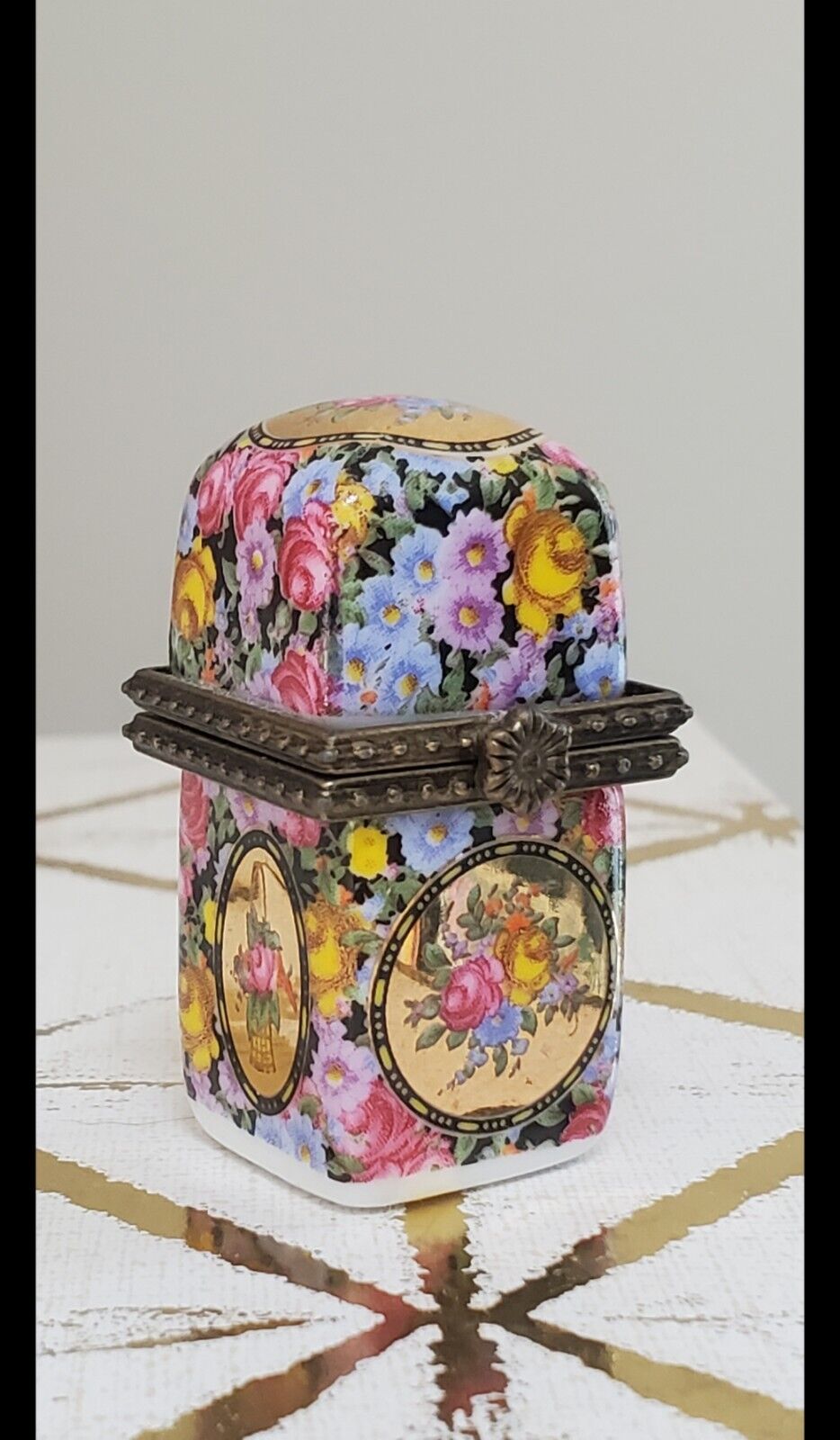 Vintage Limoges France Mini Porcelain Chintz Floral Trinket Box Perfume Bottle 