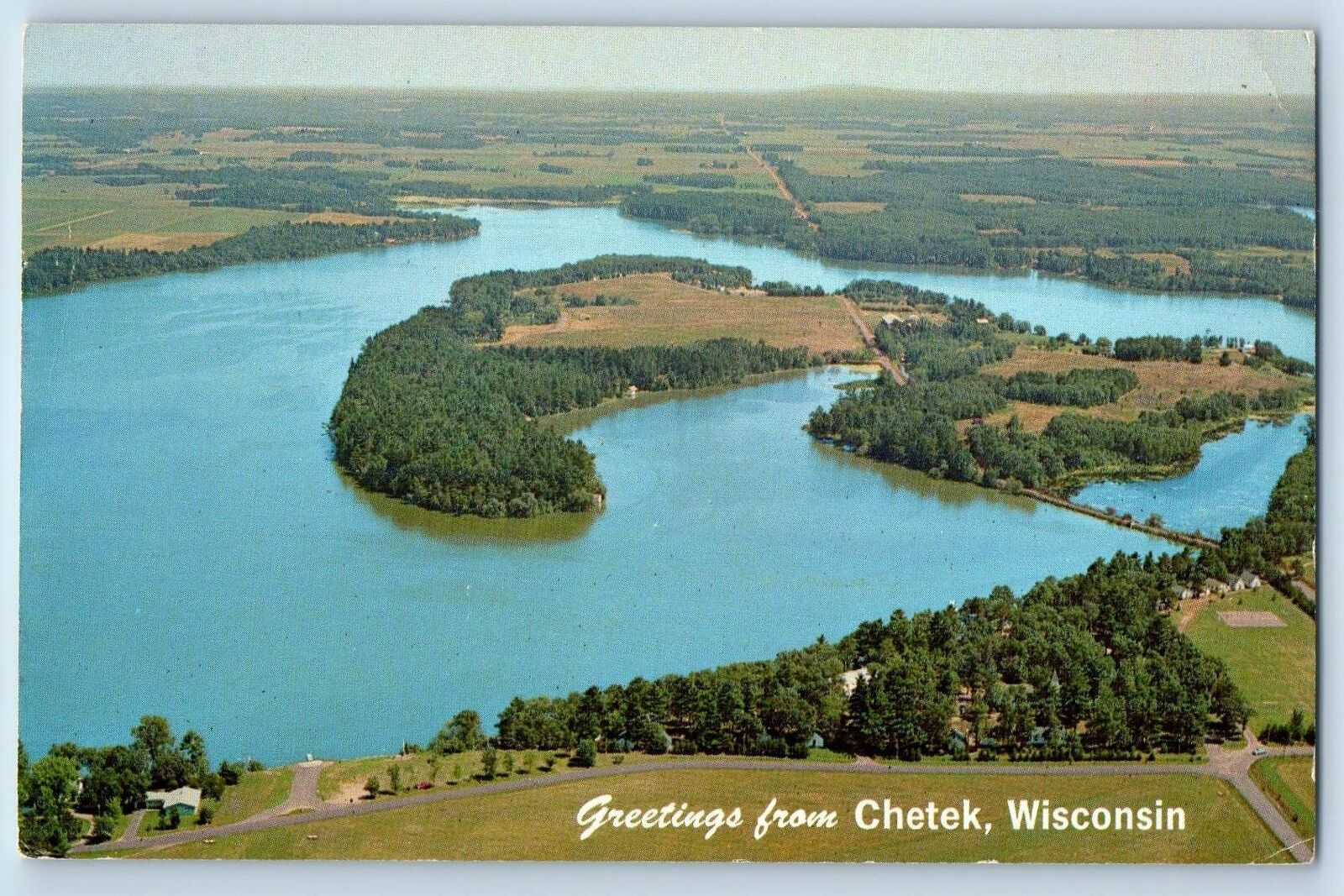 Chetek Wisconsin WI Postcard Greetings Aerial View Of Big Six Lakes Scene 1965