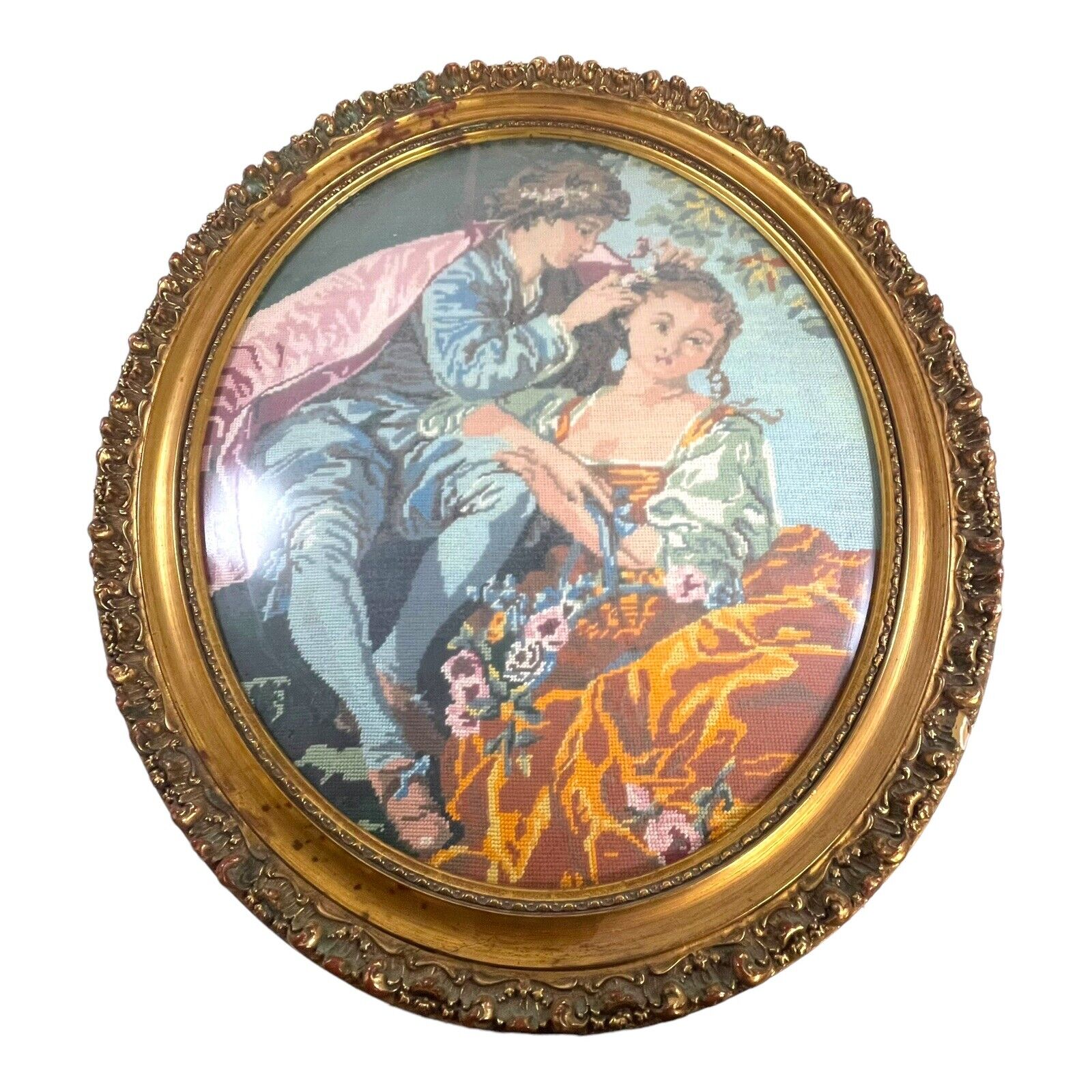 Large Courting Couple Gold Gilt Frame Needlepoint Oval Wall Hanging 24X28 VTG