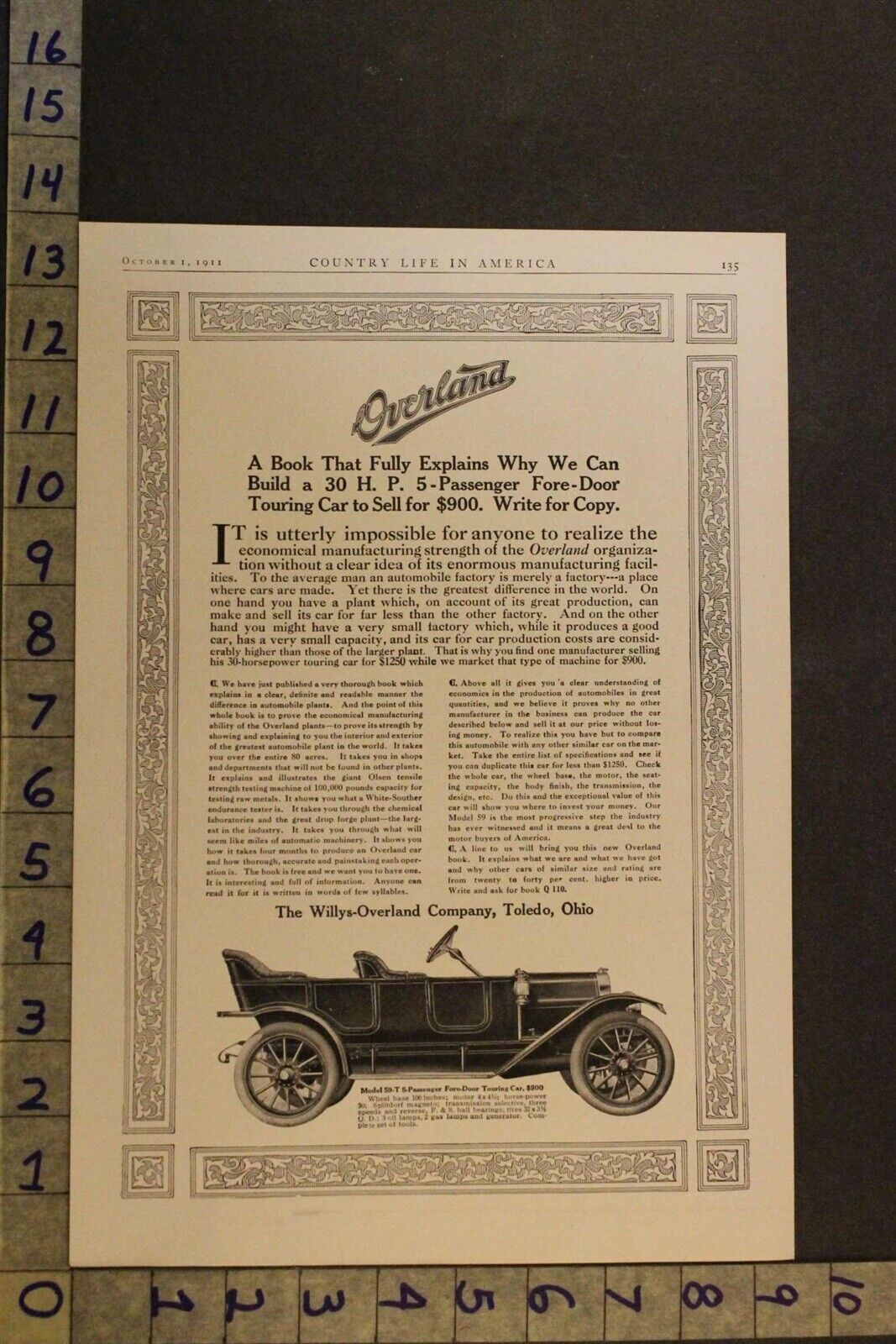 1911 WILLYS KNIGHT OVERLAND 5-PASSENGER FORE-DOOR TOURING TOLEDO CAR AUTO ADUG63