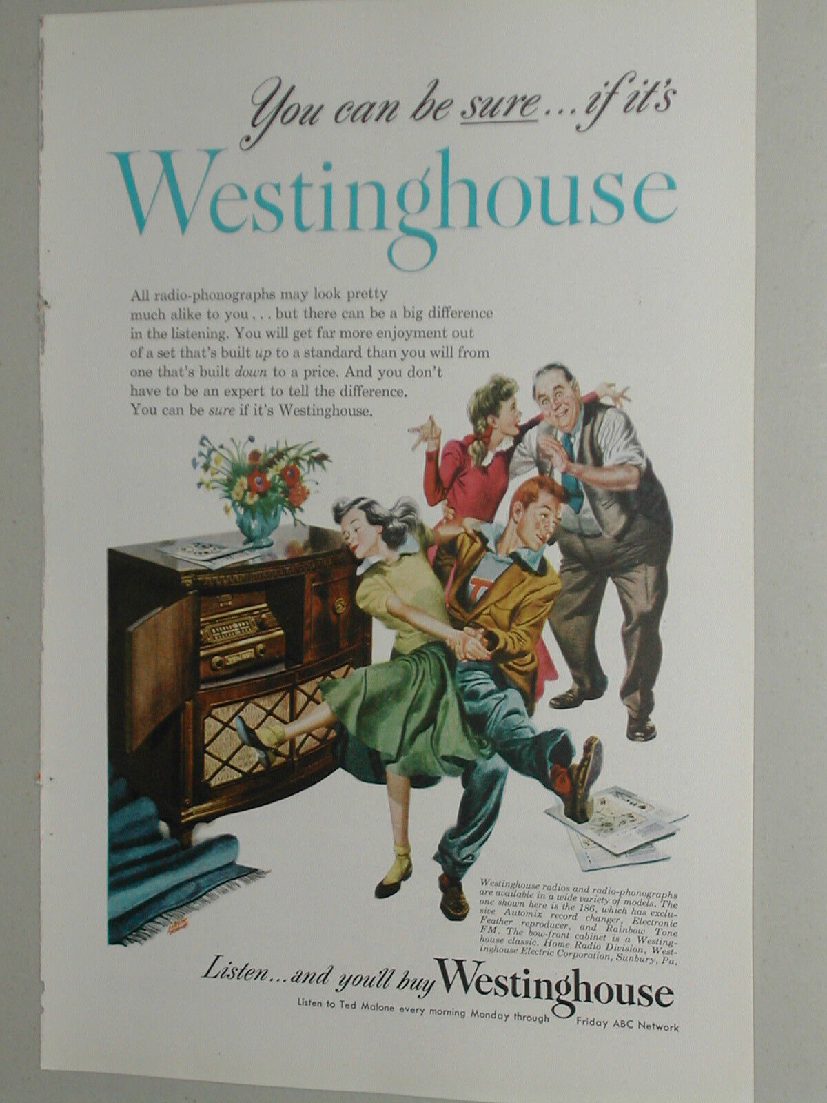 1948 Westinghouse advertisement, radio-phonograph, JITTERBUG dancing teens
