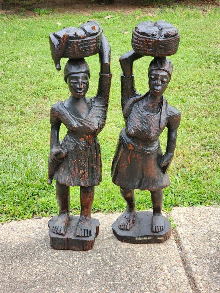 2 TWO Large 3 FOOT 19 POUNDS EACH African MARKET WOMAN Statues Hand-Carved Wood