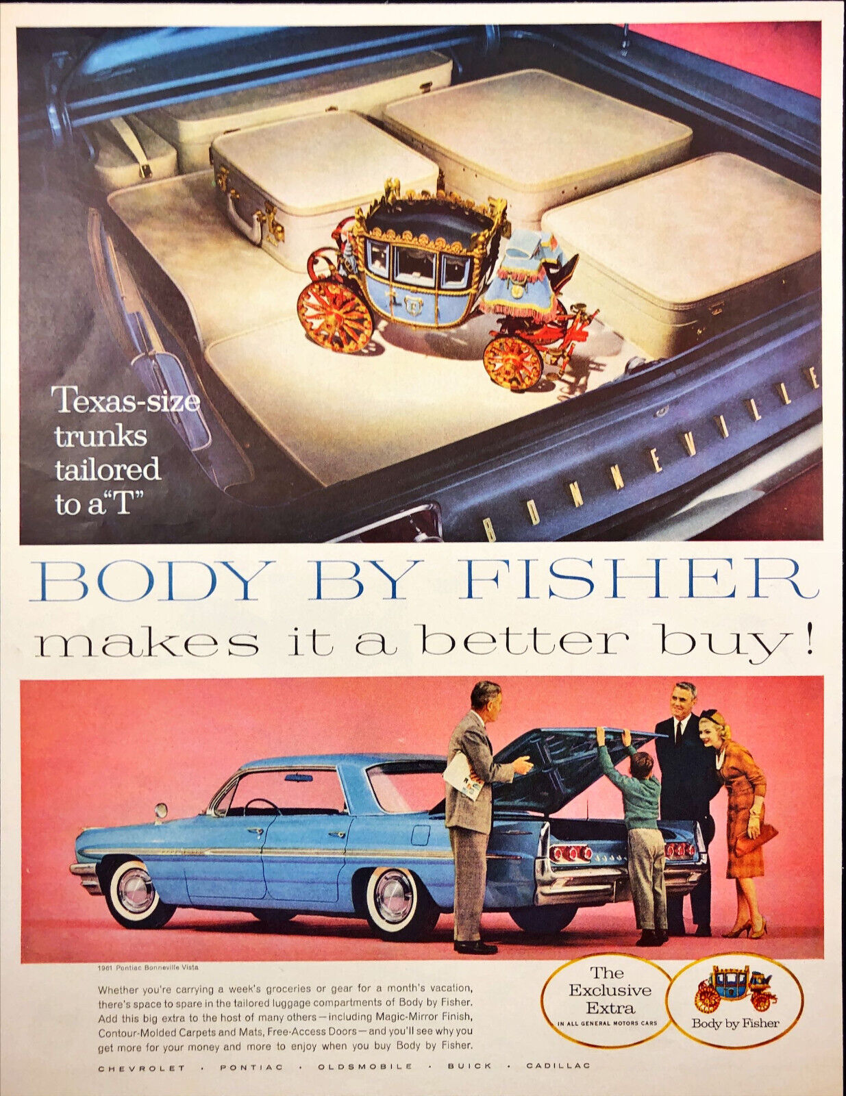 1961 Body By Fisher Automotive Pontiac Bonneville Vista Vintage Print Ad