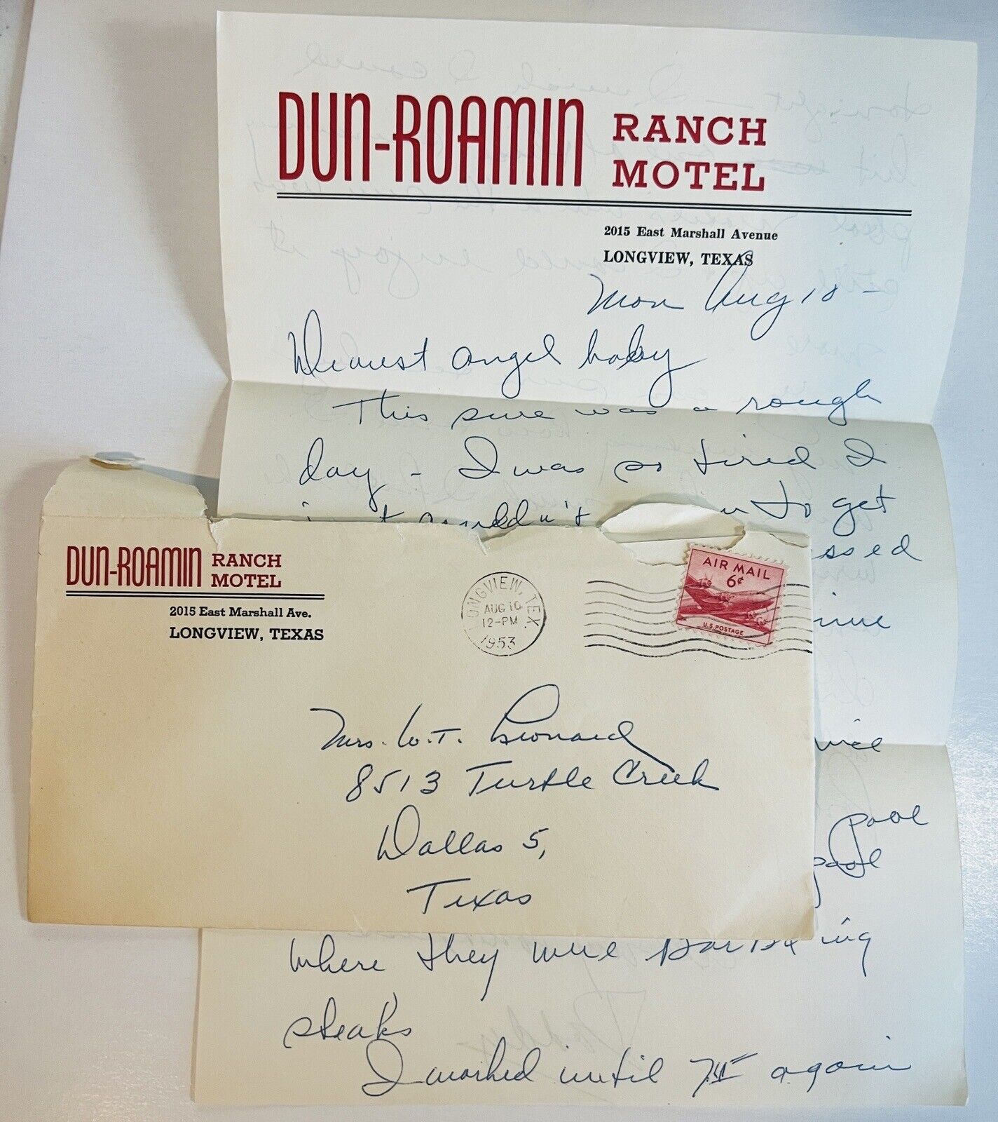 Longview TX Dun-Roamin 1953 Stationary Letter Letterhead Vintage  Leonard Fam