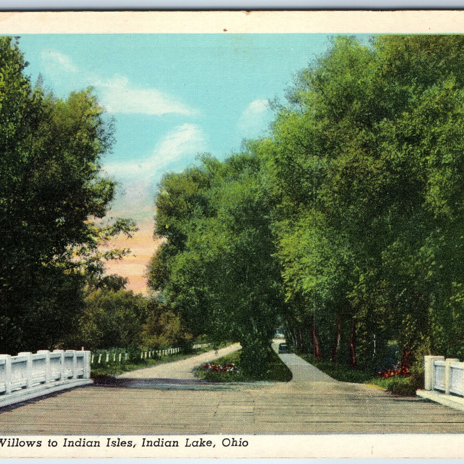 1944 Indian Lake, OH Indian Isles Willow Tree Road Path Trail Bridge Teich A244