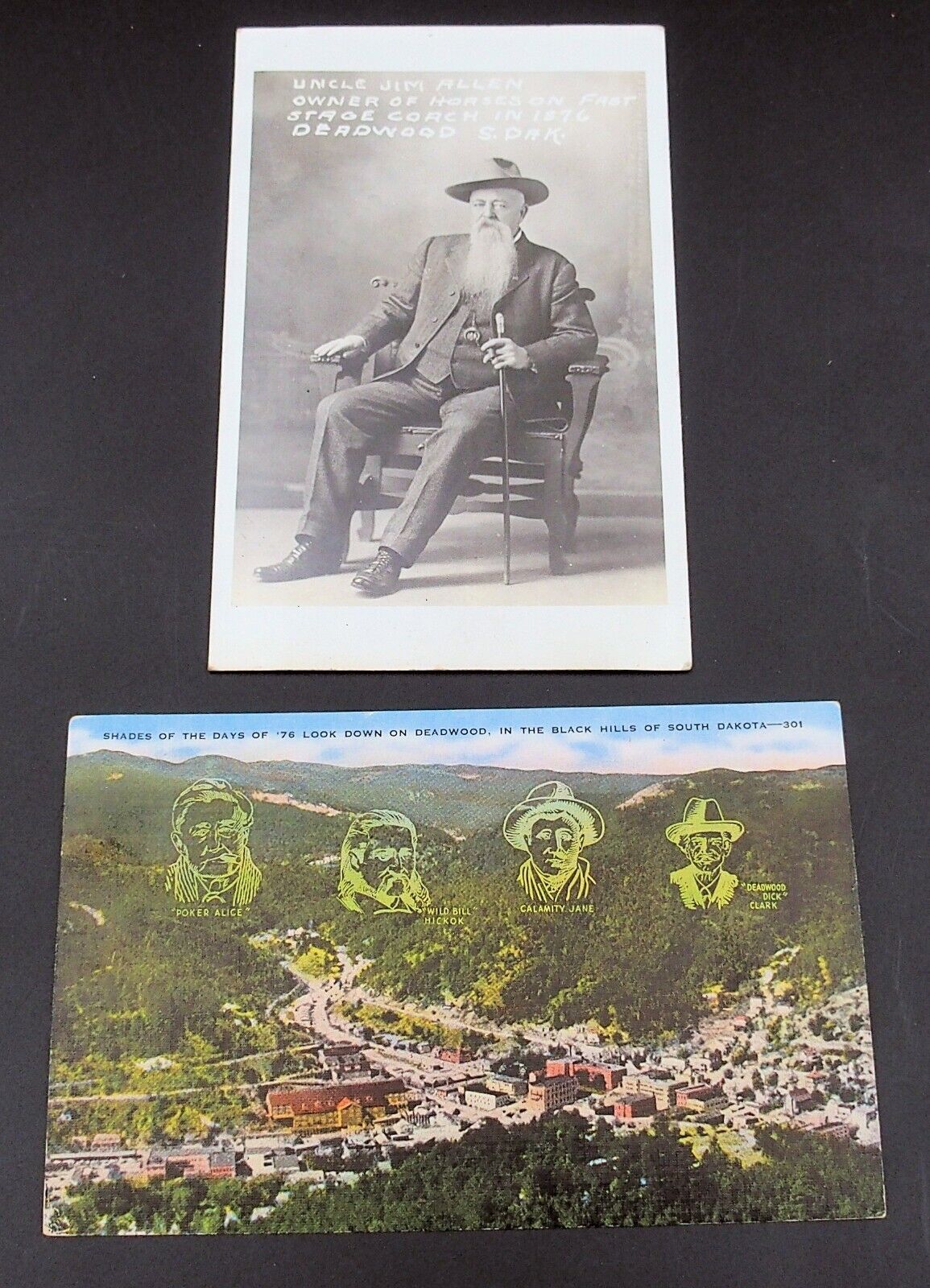 Lot of 2 Old Deadwood South Dakota Post Cards Uncle Jim Allen Fast Stage Coach