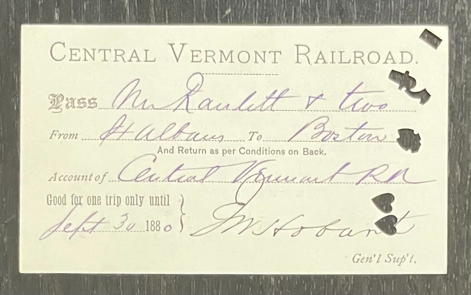 1880 CENTRAL VERMONT RAILROAD PASS FOR S. A. RANLETT, LIEUT. 36th REG MASS VOL's
