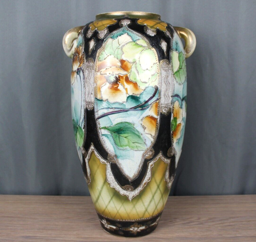 Japanese Nippon porcelain Satsuma/Moriage style Floral vase handles 15 .75\