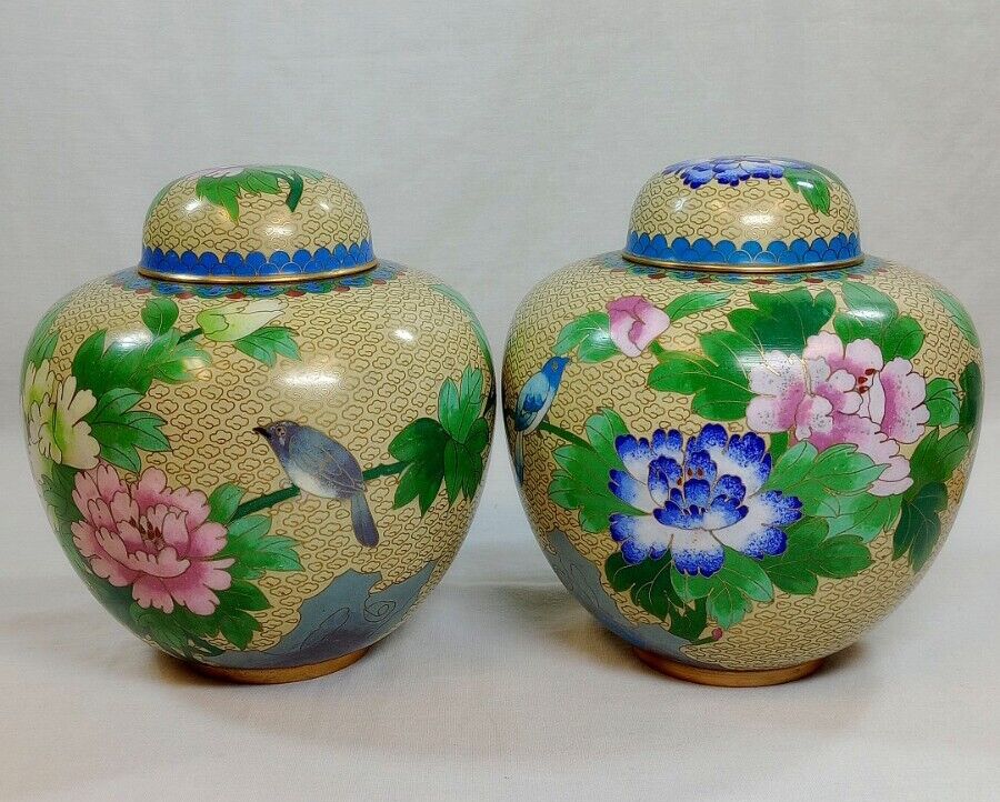 Vintage Pair of JINGFA Cloisonne Ginger Jars Floral Design BEIJING (EMG)