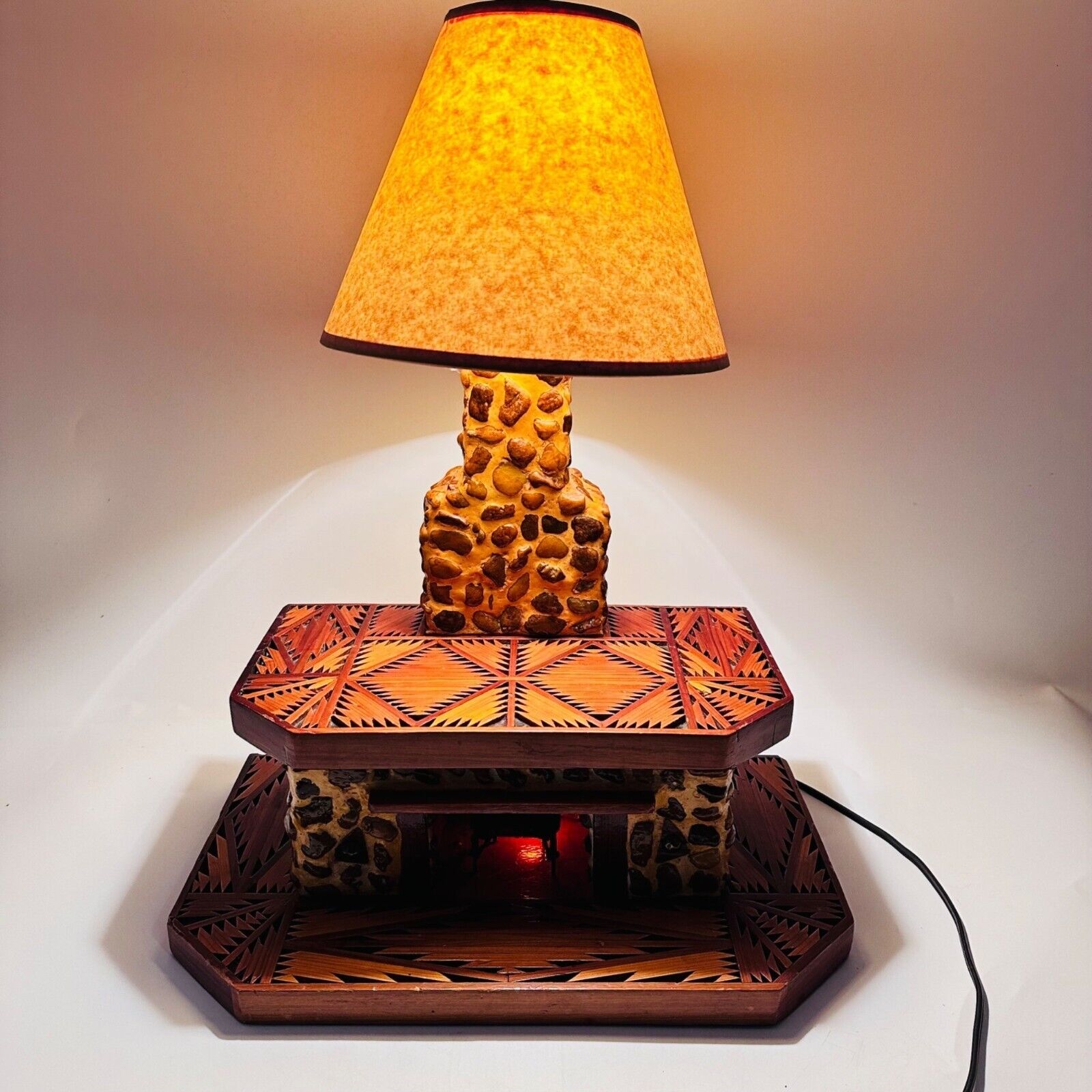 Vintage Tramp Art Stone Fireplace Table Lamp OOAK Folk Art Primitive Cabin Lodge
