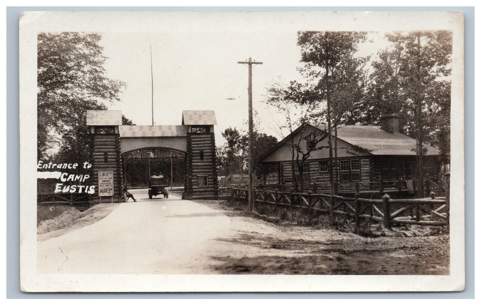 c. 1915 Camp Eustis Real Photo Postcard RPPC Entrance WWI Era Fort Jimmie Hodges